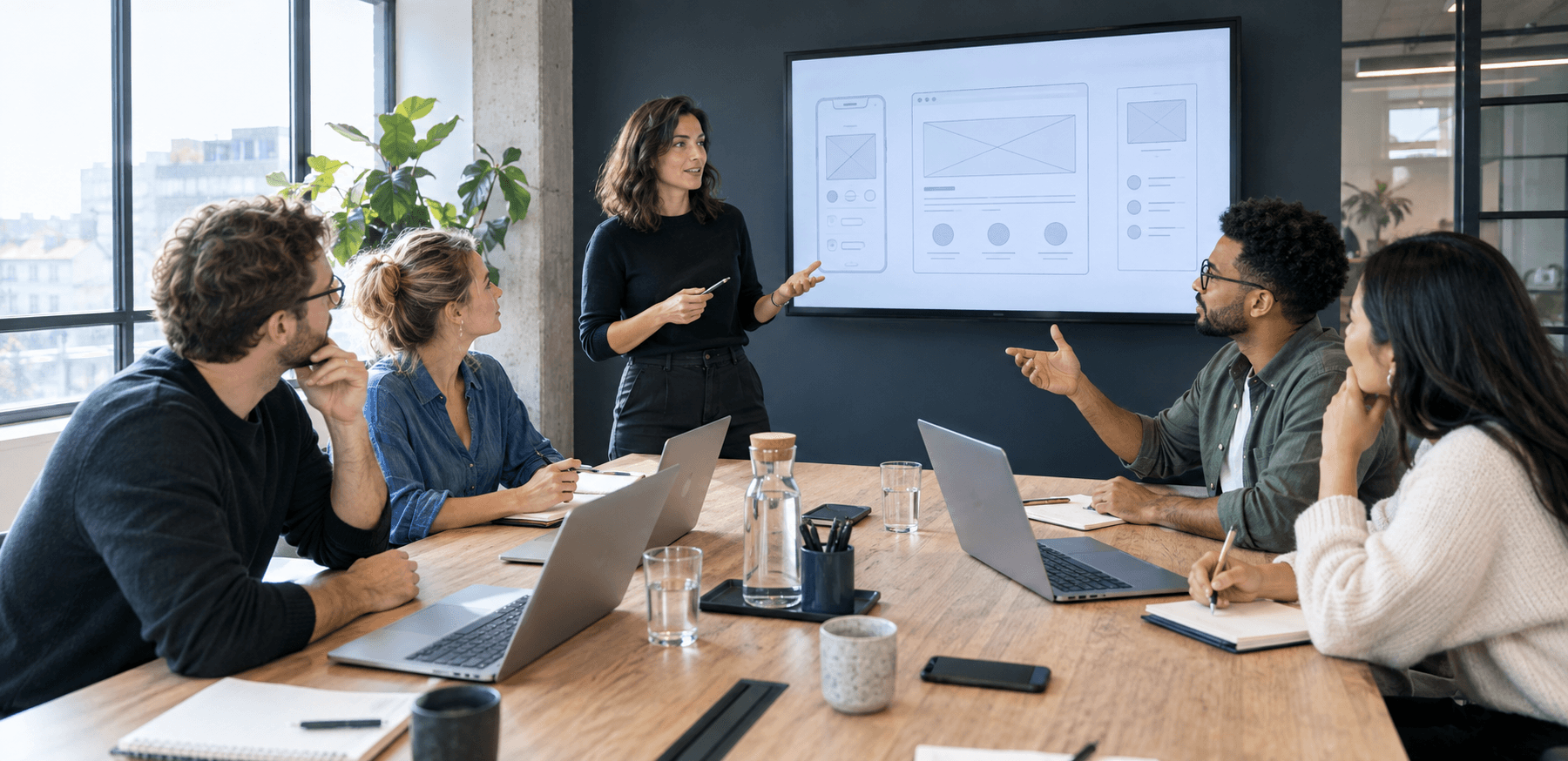 Réunion de collaborateurs préparant ensemble une application web